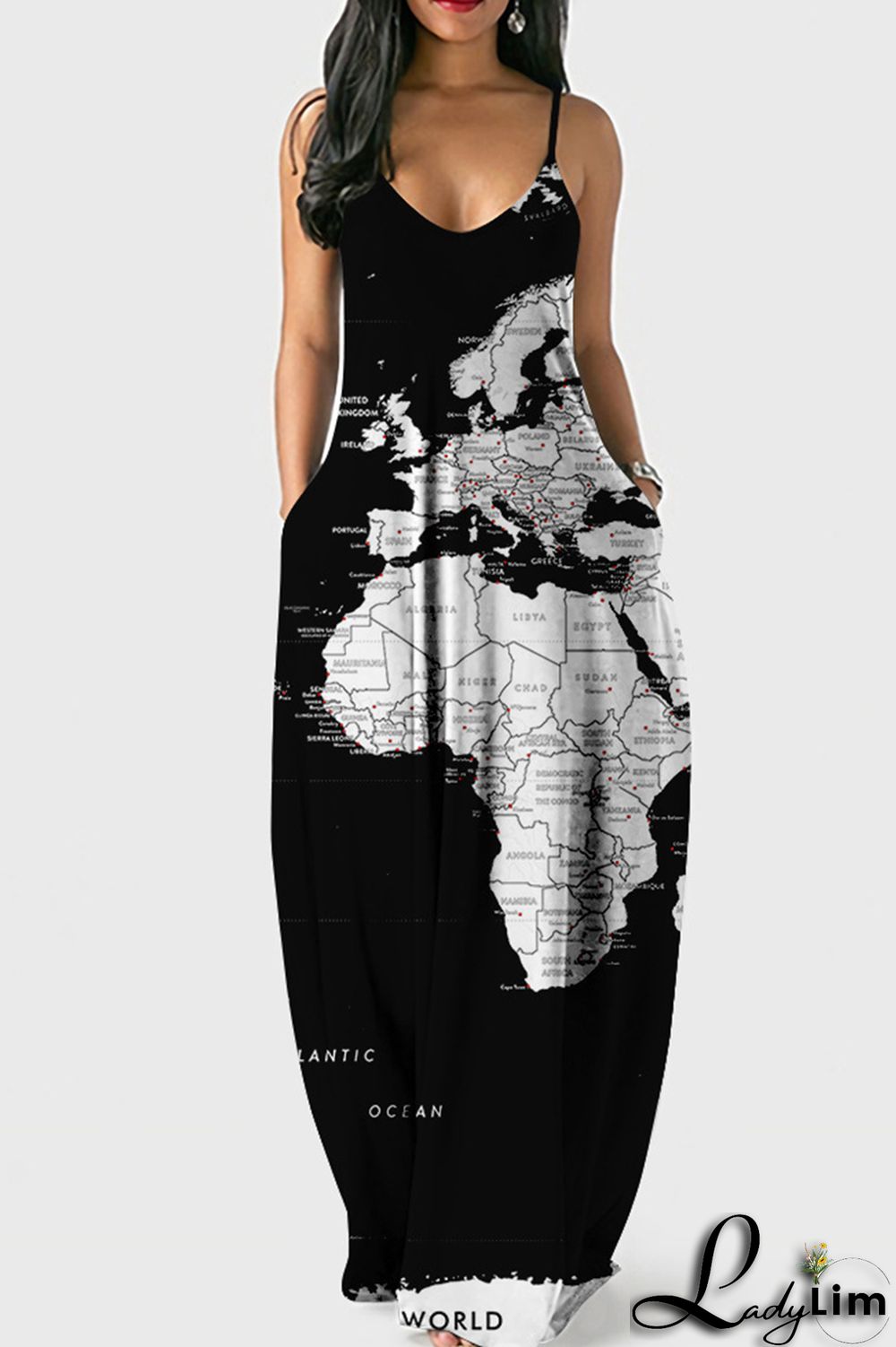 White Blue Fashion Sexy Print Backless Spaghetti Strap Long Dress