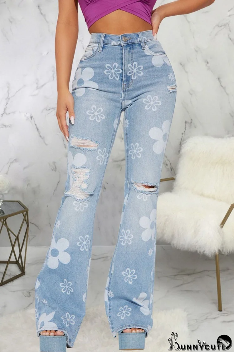 Blue Casual Print Ripped High Waist Regular Denim Jeans