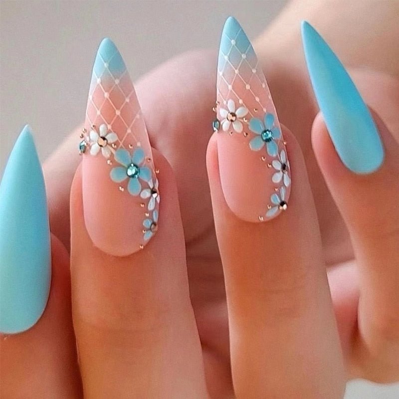 24pcs Almond Press On Nails with Blue Flower Design Fake Nails New Fashion French Style Full Cover False Nail Acrylic Nail Tips