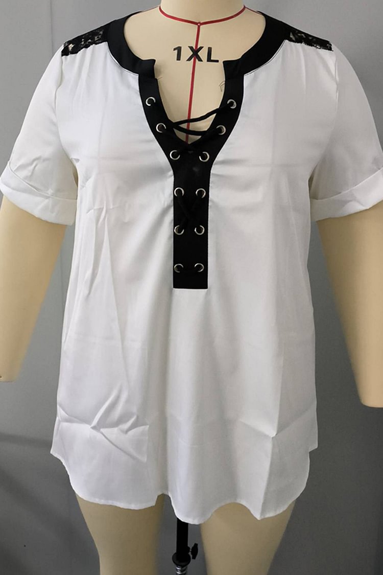 Plus Size Lace Stitching Lace Up Short Sleeve Blouse  Flycurvy [product_label]