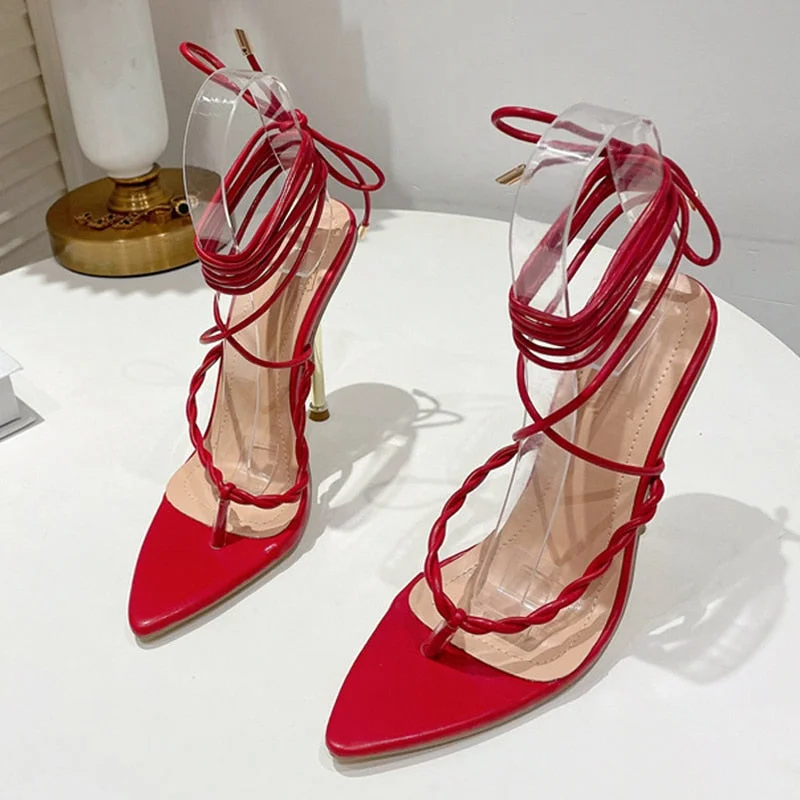 Summer 2022 Womens Fashion Strappy Heels Gladiator Sandals Sexy Pointed Toe Narrow Band Stiletto Lace-Up Party Wedding Shoes Red
