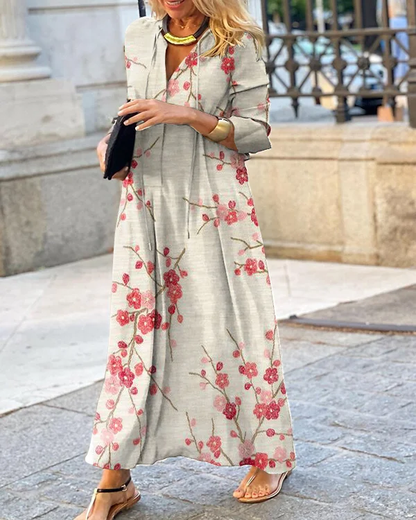 Japanese Plum Blossom Literary Retro V-neck Long Sleeve Dress