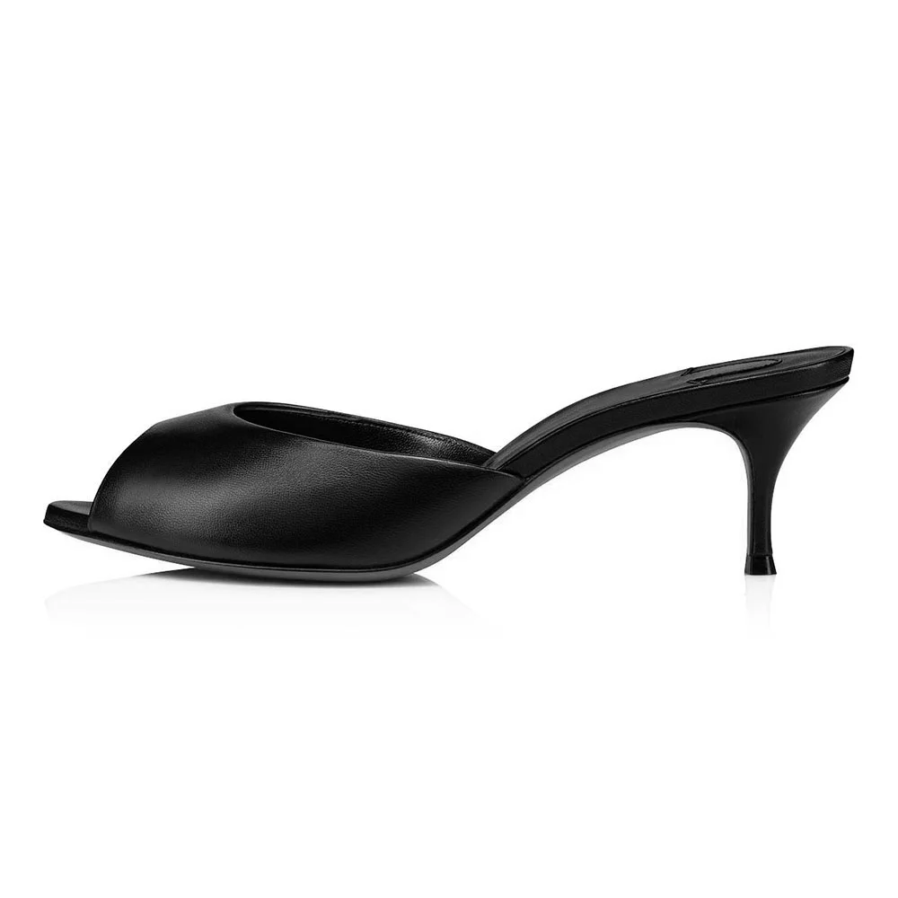 Classic Black Vegan Leather Peep Toe Kitten Heel Mules Shoes