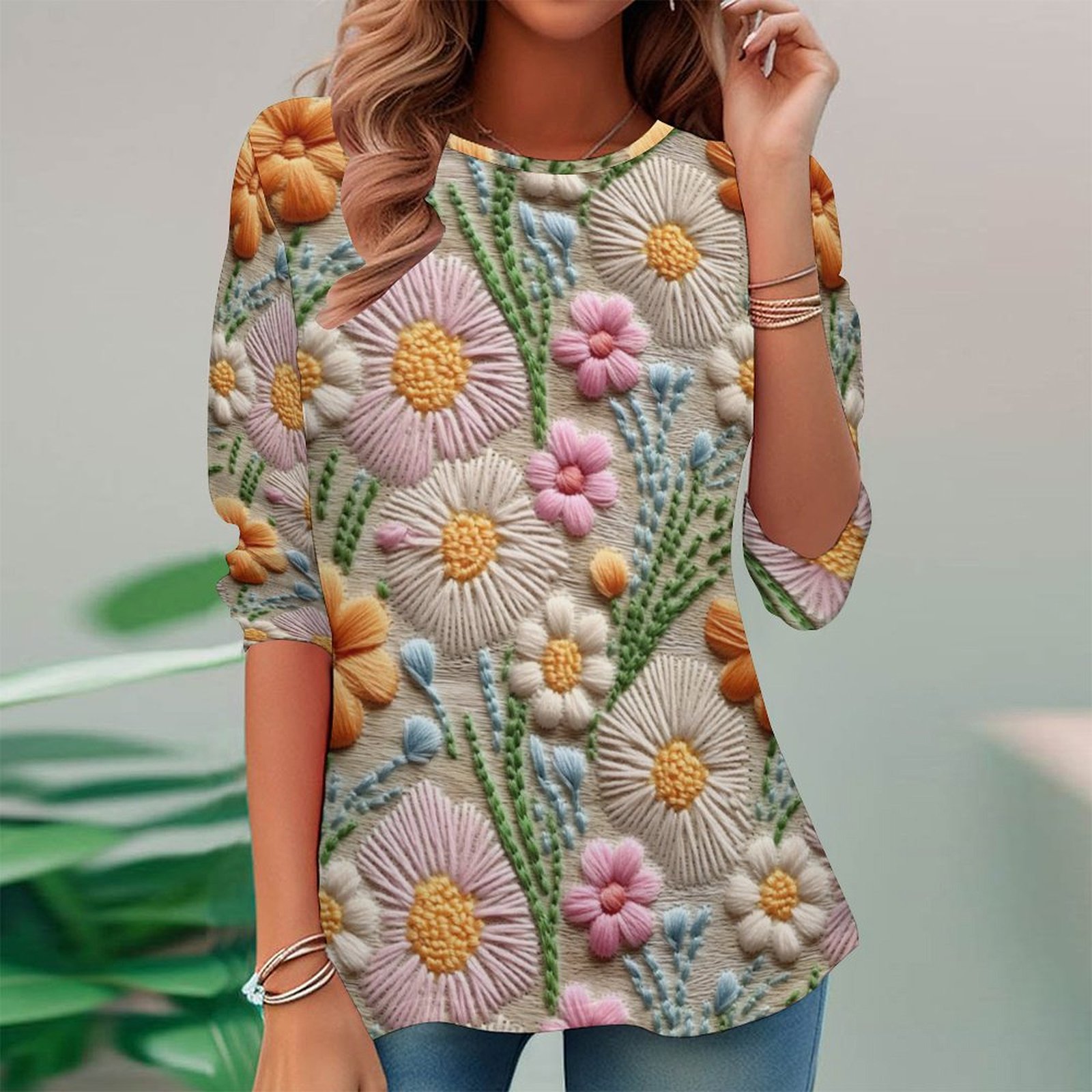 Women Long Sleeve V-neck Graphic Floral Printed Top