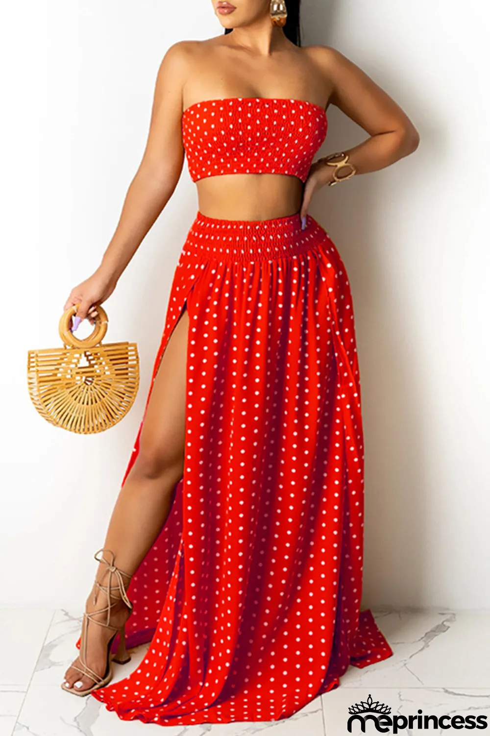 Blue Fashion Sexy Dot Print Backless Slit Strapless Sleeveless Two Pieces