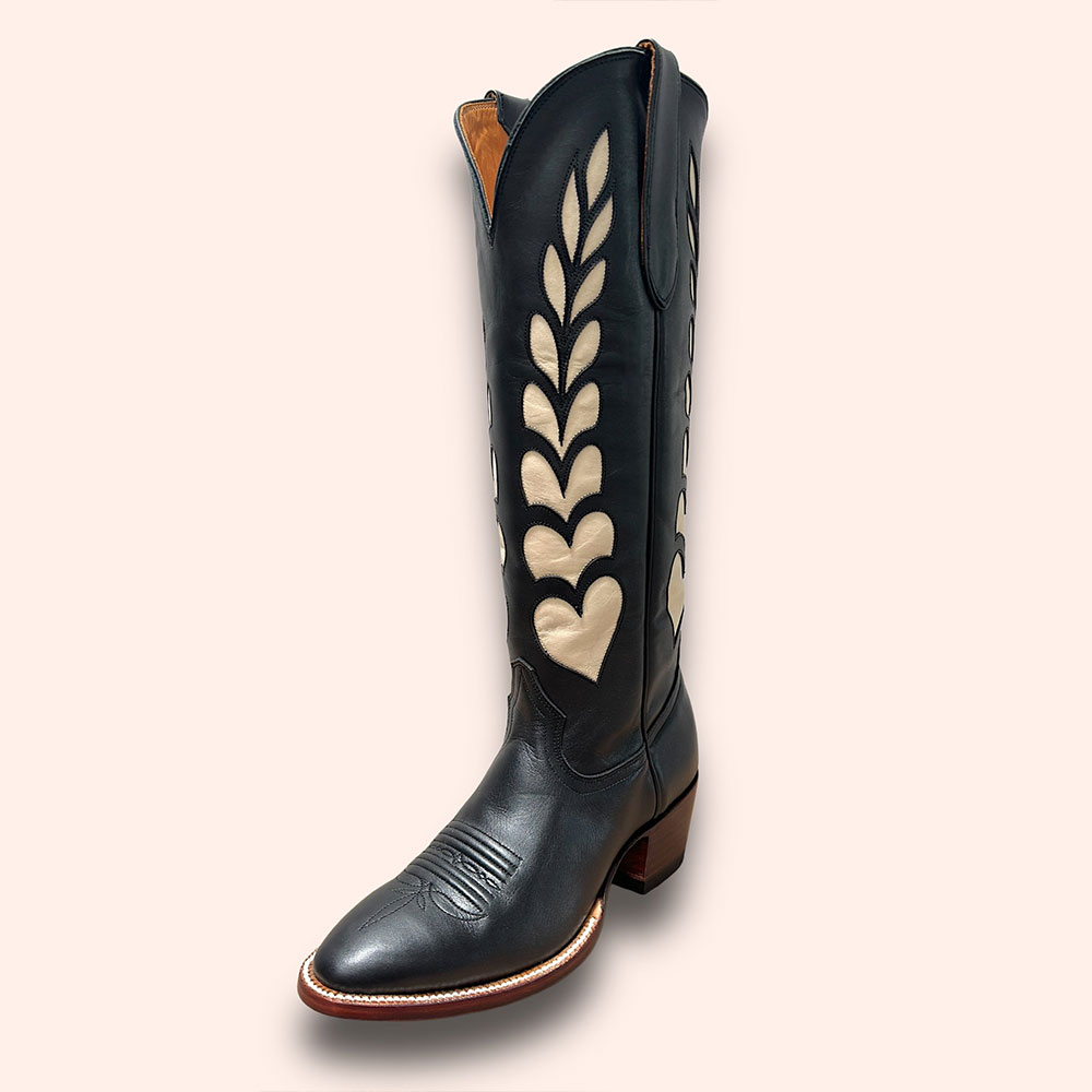 Beige & Black Inlay Round Toe Chunky Heel Wide Calf Cowgirl Boots Nicepairs