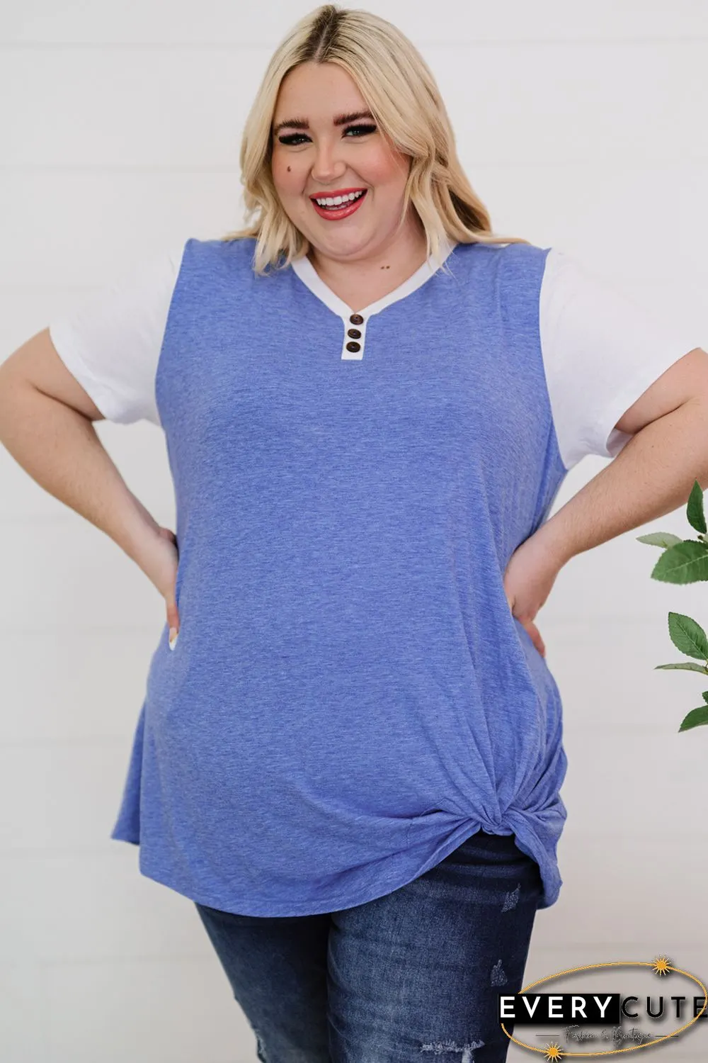 Sky Blue Plus Size Raglan Sleeve Colorblock Twist Top