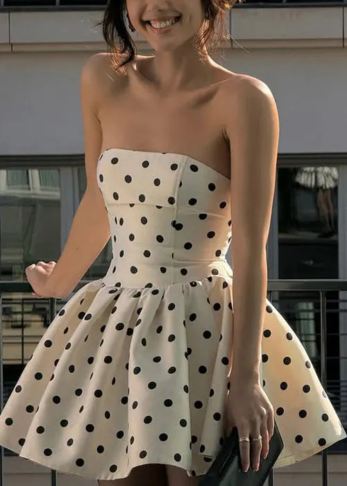 Elegant White Strapless Dot Cotton Mid Dress Sleeveless