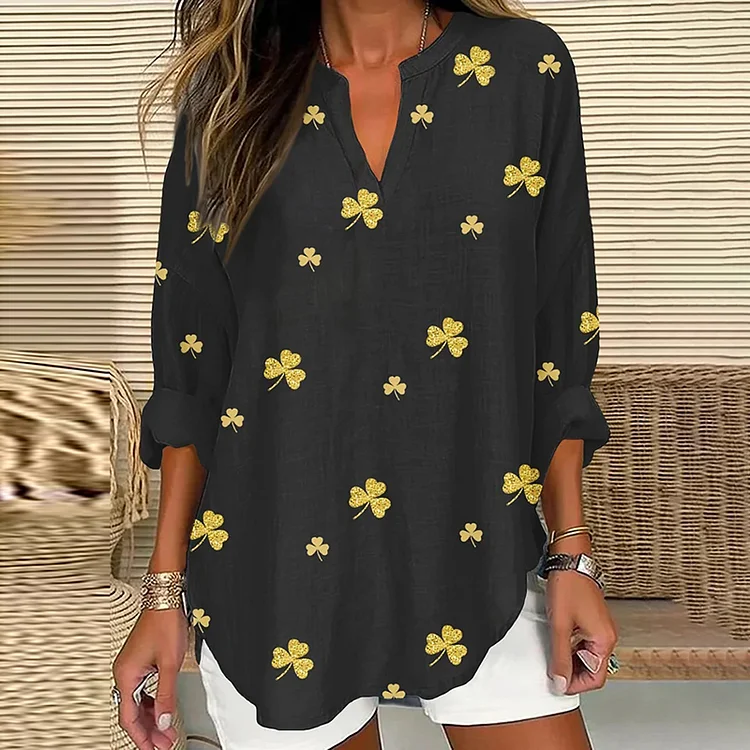 Women's St. Patrick's Shamrock Print V-neck Linen Blend Blouse