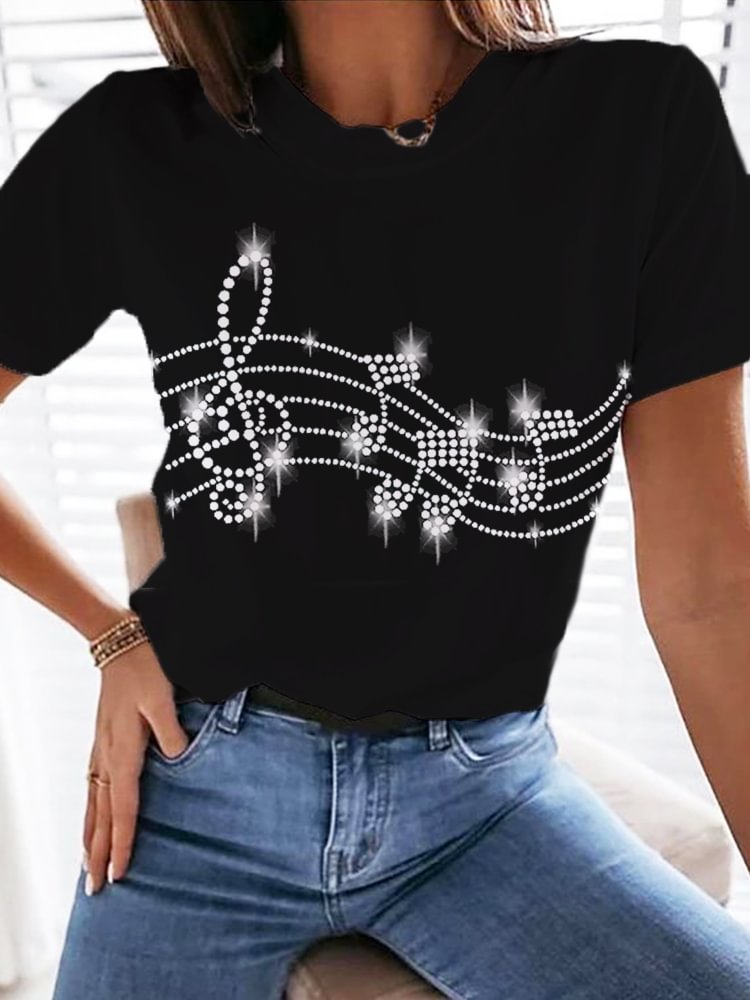 Comstylish Glitter Music Notes Short Sleeve T Shirt