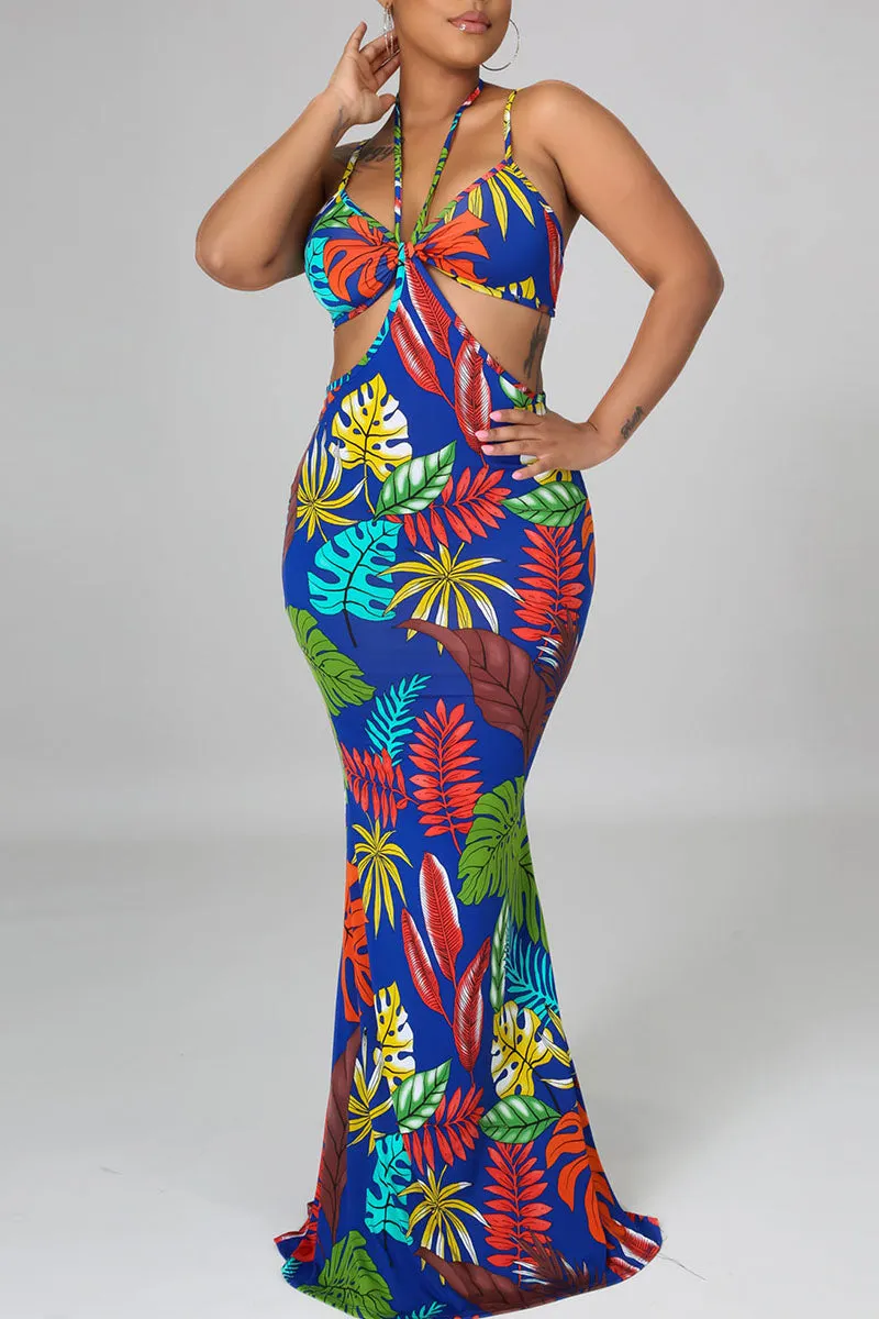 Sexy Print Split Joint Frenulum Halter Dresses