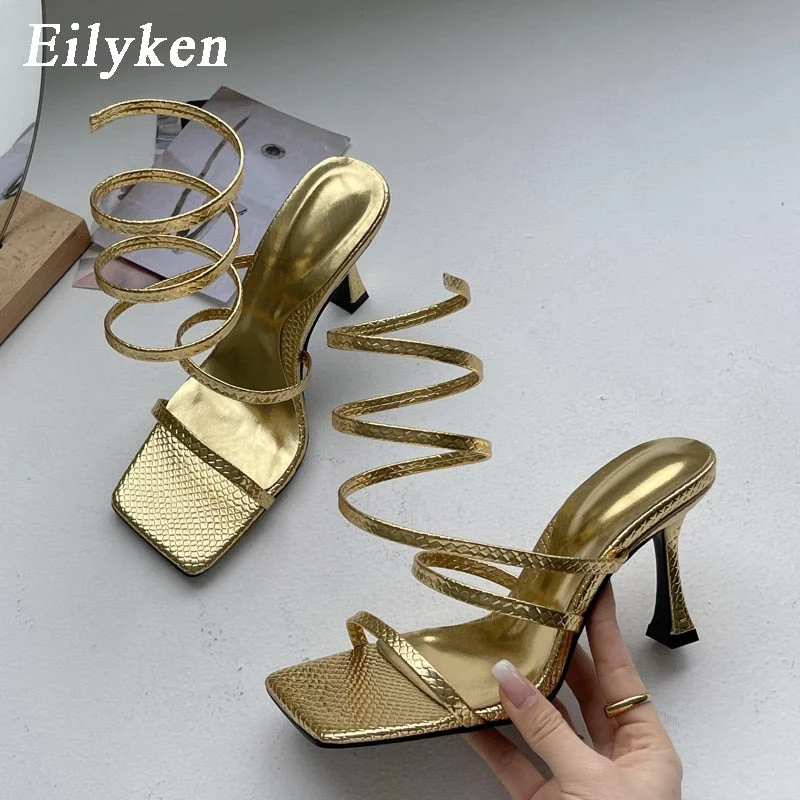 Eilyken 2022 New Arrival Fashion Gold Women Sandals Thin Low Heel Narrow Band Rome Sandal Summer Gladiator Casual Sandal Shoes