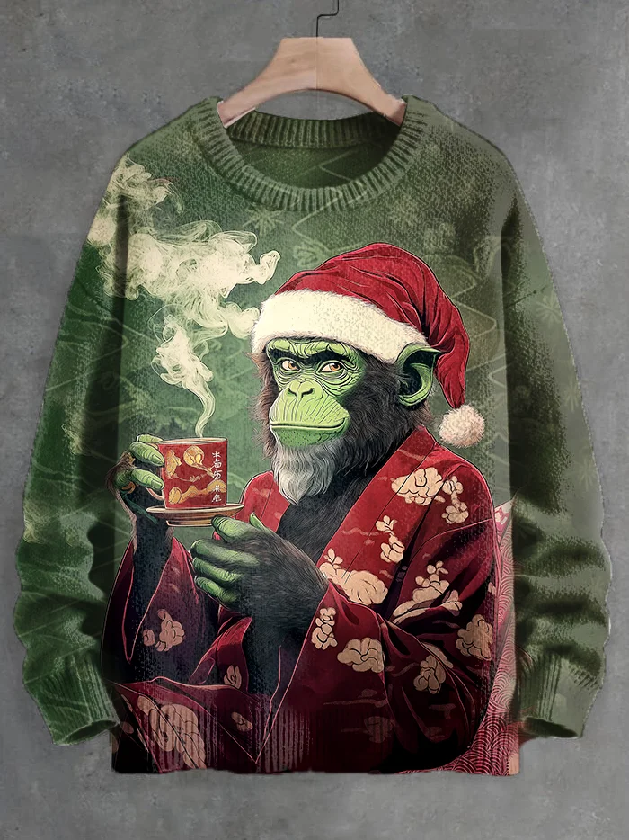 Men's Christmas Kimono Monkey Drinking Tea Japanese Art Print Knit Sweatshirt