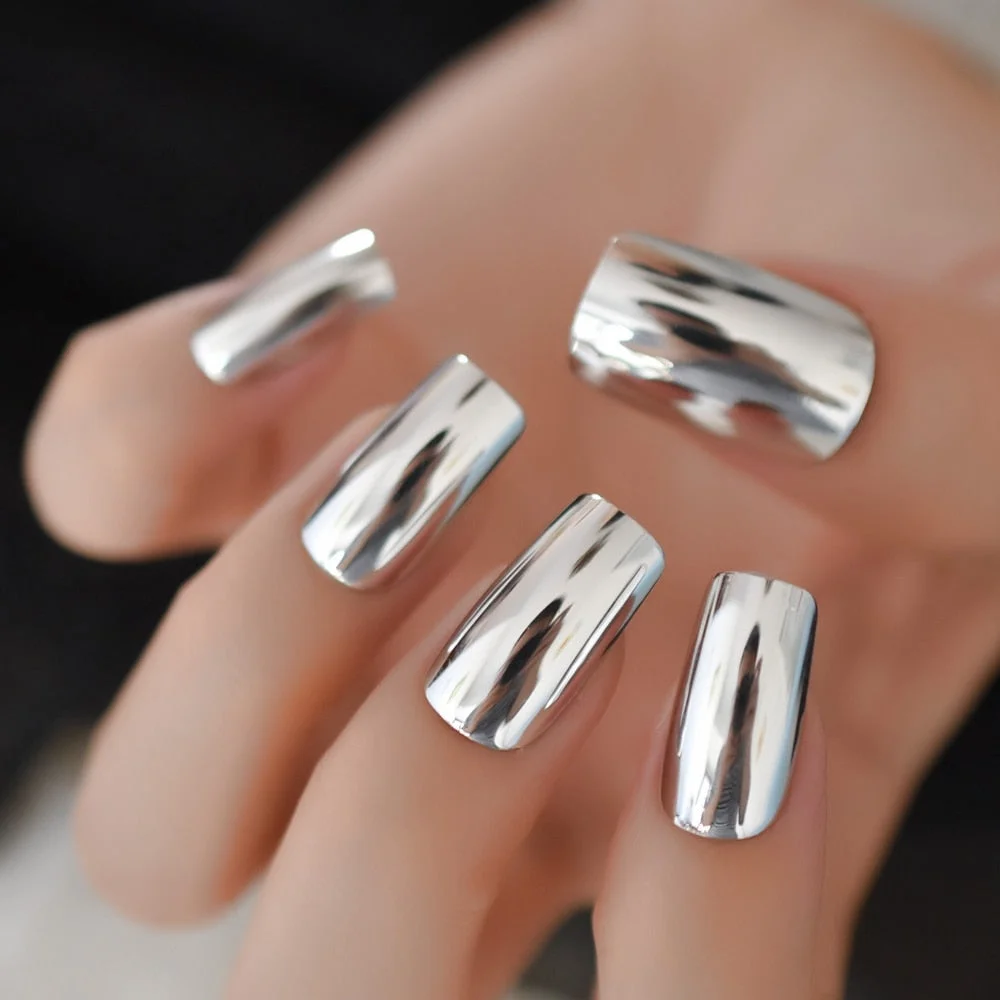 Shine Rock Style Mirror Light Fake Nail Patch Metal Plating Press On Nail Artificial Tip Light Blue Metallic Hard Nail Stuff-Nail Inspo