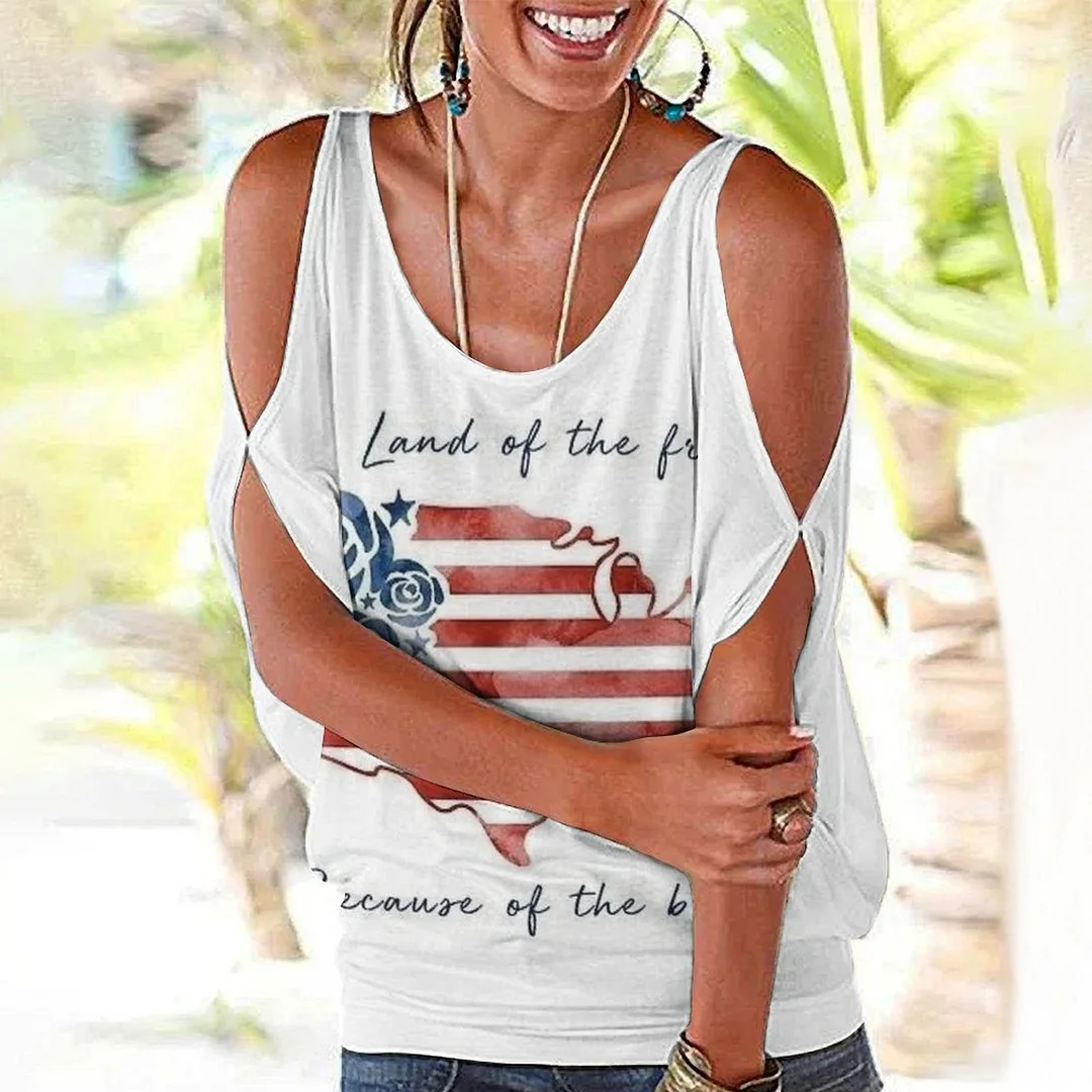 Shoulder Off  Loose Short Sleeve Casual T-shirt for Women Printed with Pattern USA, Independence Day, Star, Striped, Blue, Red