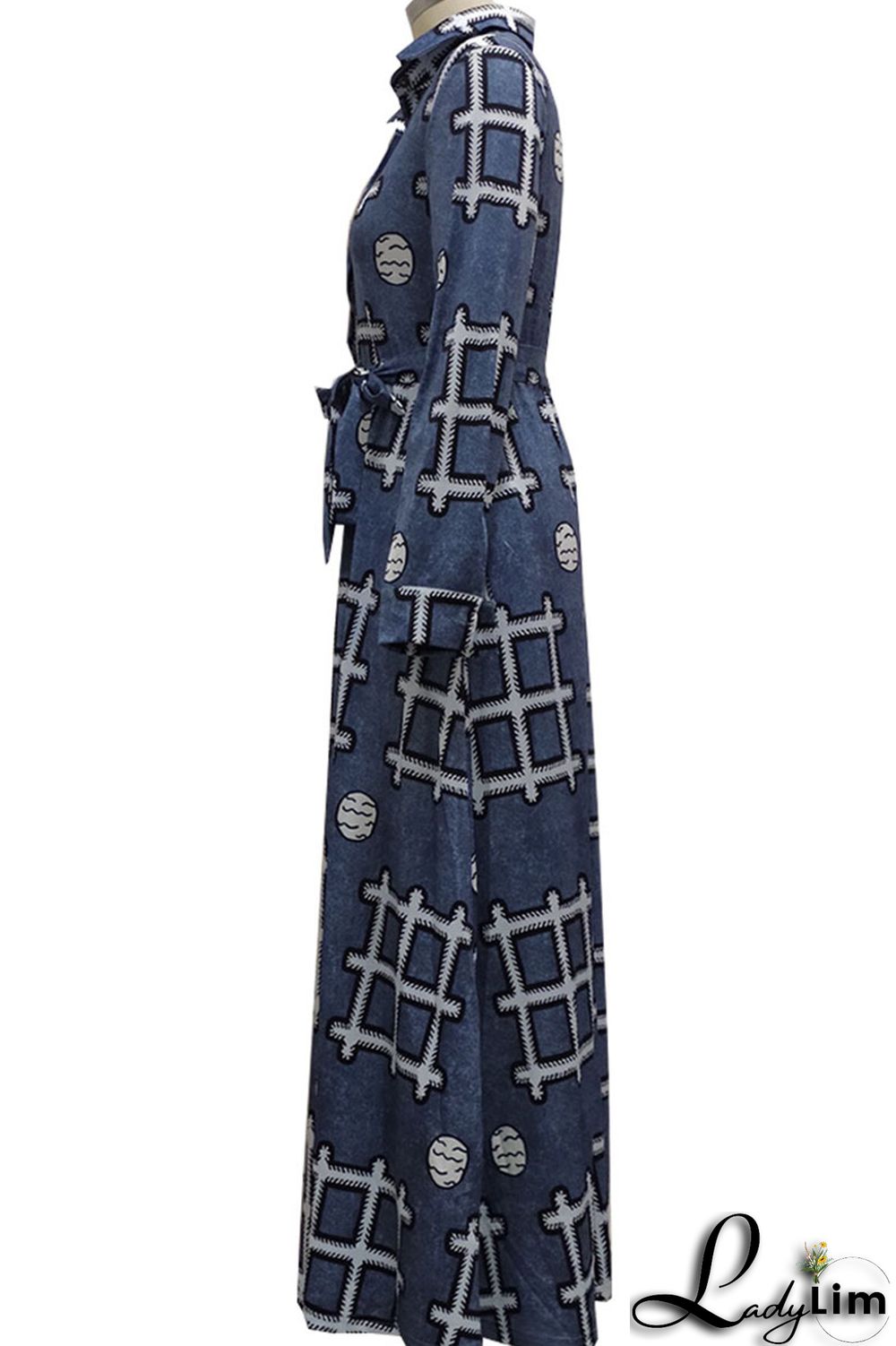 Colour Casual Print Patchwork Buckle Turndown Collar Dresses