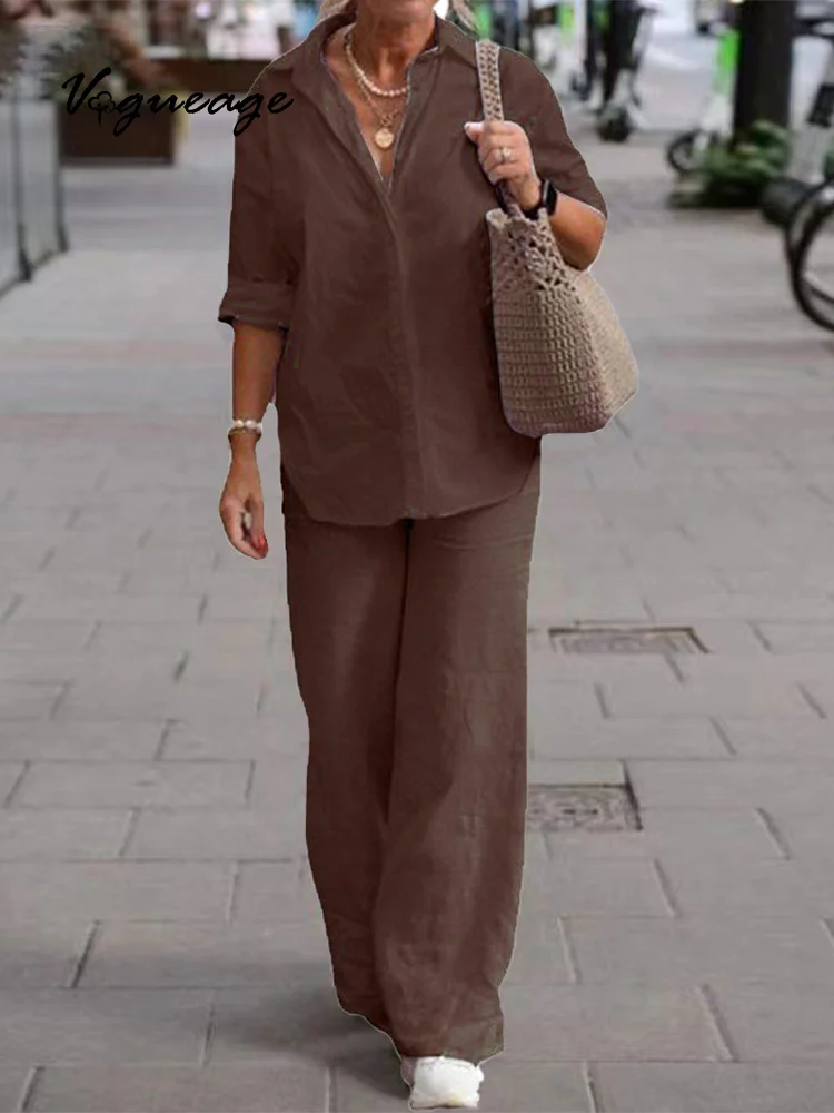 Lapel Long Sleeve Shirt Casual Solid Color Pants Wide Leg Suit