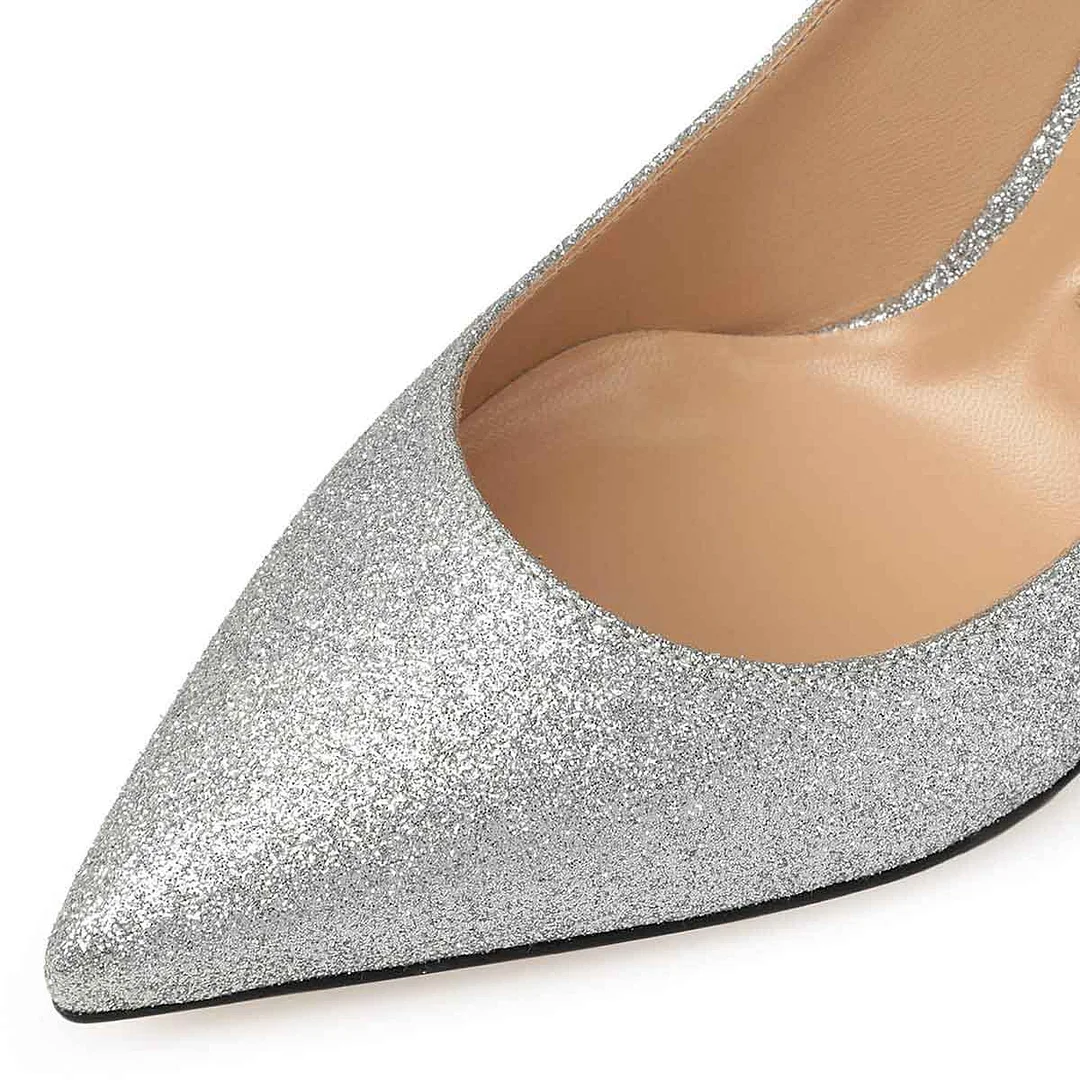 Shiny Silver Pointed Toe Slip-On Spiral Heel Glitter Pumps Shoes