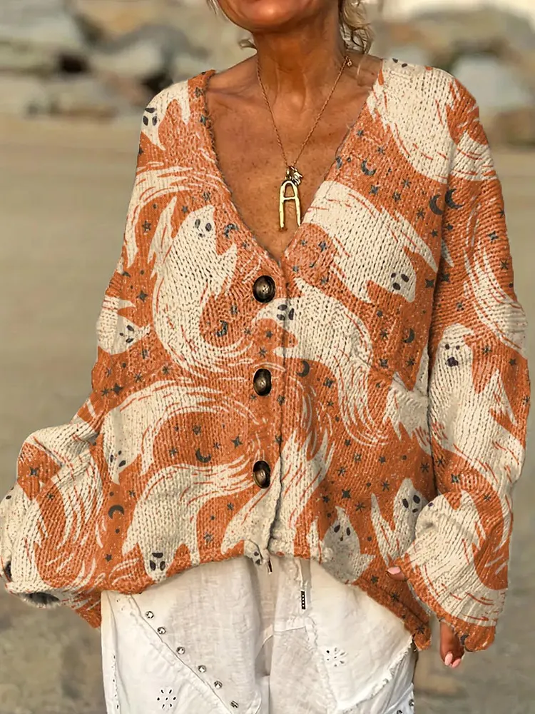 Women's Halloween Ghost Art Print Casual Pullover Sweater