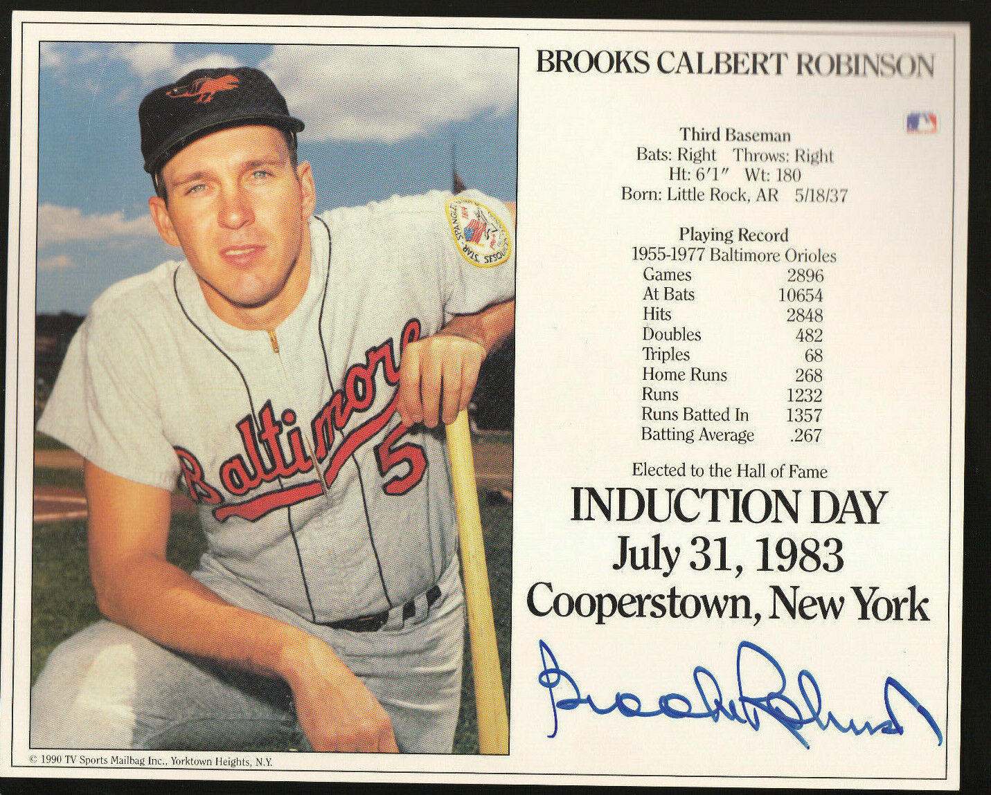 BROOKS ROBINSON AUTOGRAPH SIGNED 8X10 INDUCTION DAY CARD ORIOLES COA