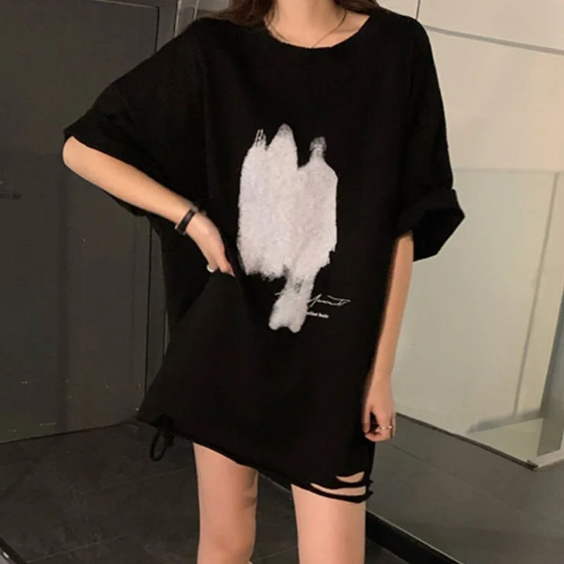 Summer 2022 Women&#39;s Hole Printed Short Sleeve Harajuku Streetwear Oversized Tee T Shirt Casual Loose All-match Basic Top Female