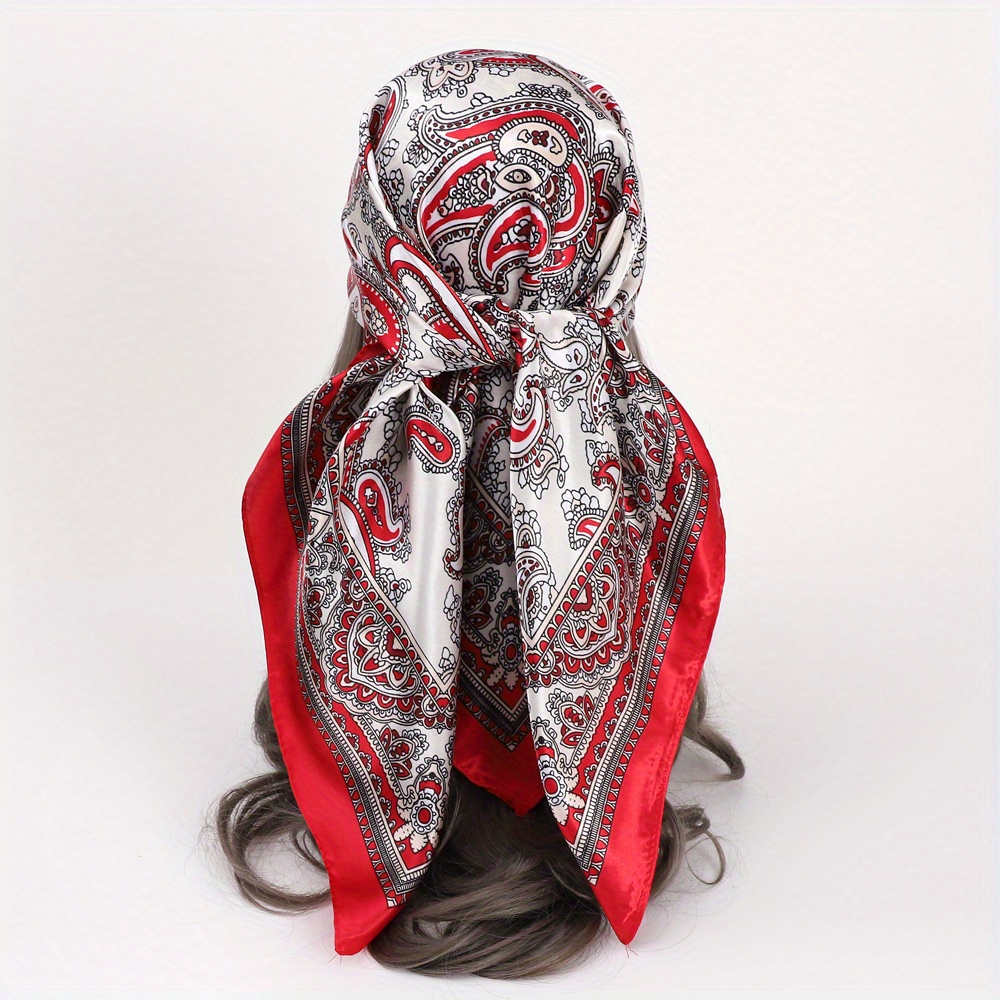 35.43 Paisley Print Square Scarf Vintage Satin Shawl Elegant Head Scarf Imitation Silk Bandana Neckerchief Travel Beach Towel For Women