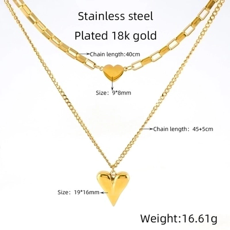 304 Stainless Steel 18K Gold Plated Minimalist Plating Heart Shape Double Layer Necklaces