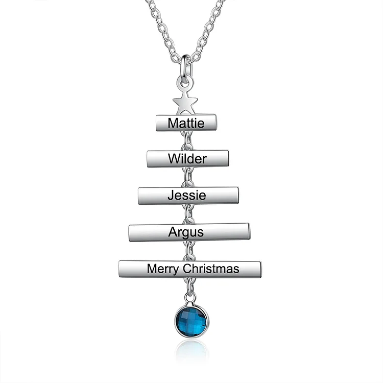 Collar con colgante de árbol de Navidad, 4 nombres personalizados con 1 piedra de nacimiento