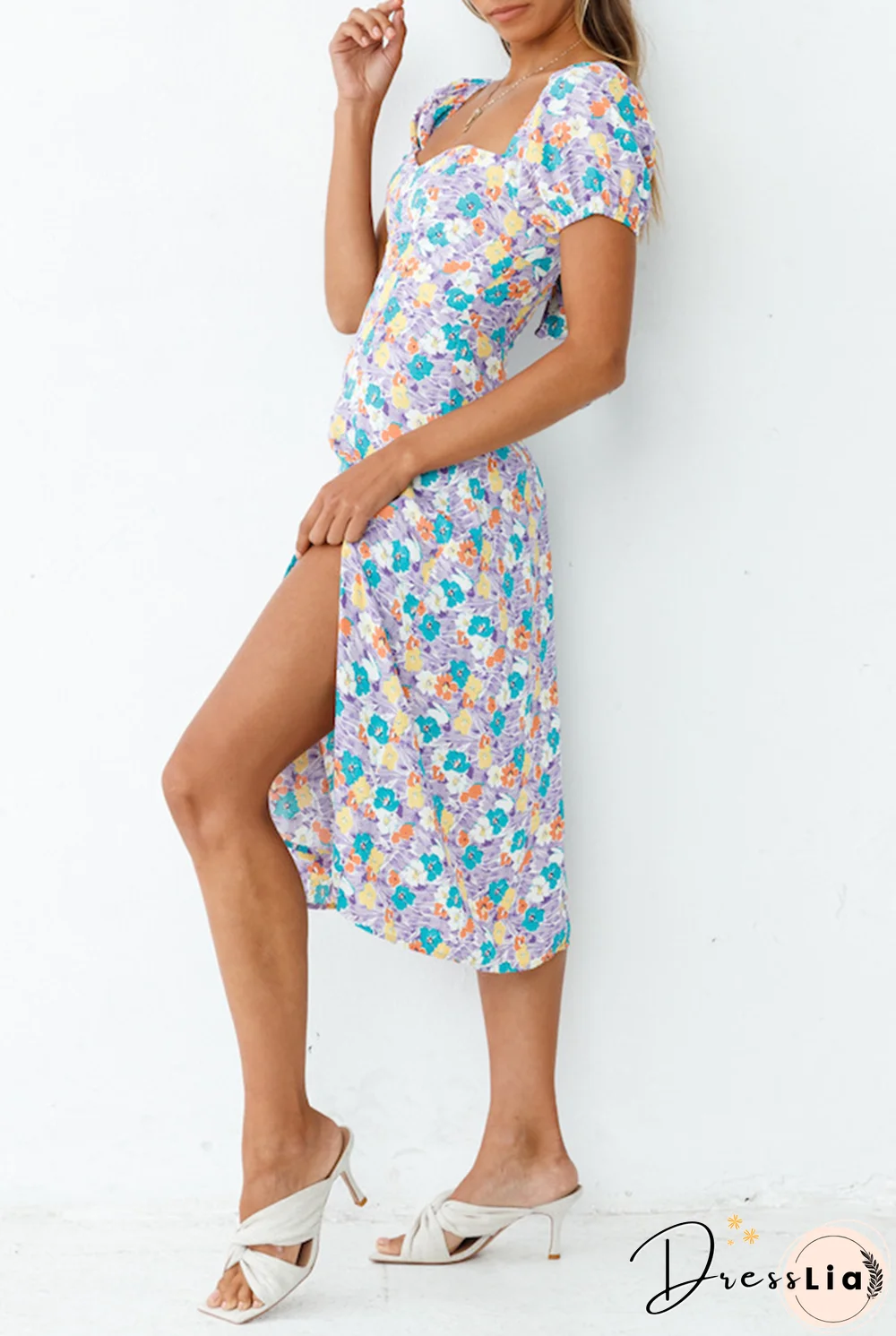 Elegant Floral Slit Strap Design Square Collar A Line Dresses