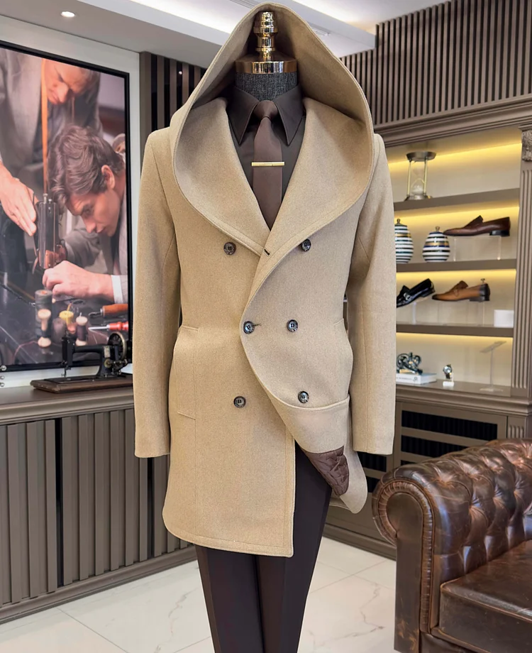 Woolen Hooded Double Breasted Knee Length Long Sleeve Coat 