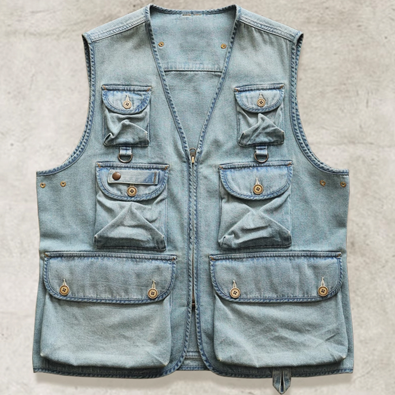 Men's Casual Outdoor Multi-Pocket Workwear Light Blue Stone Washed Vest