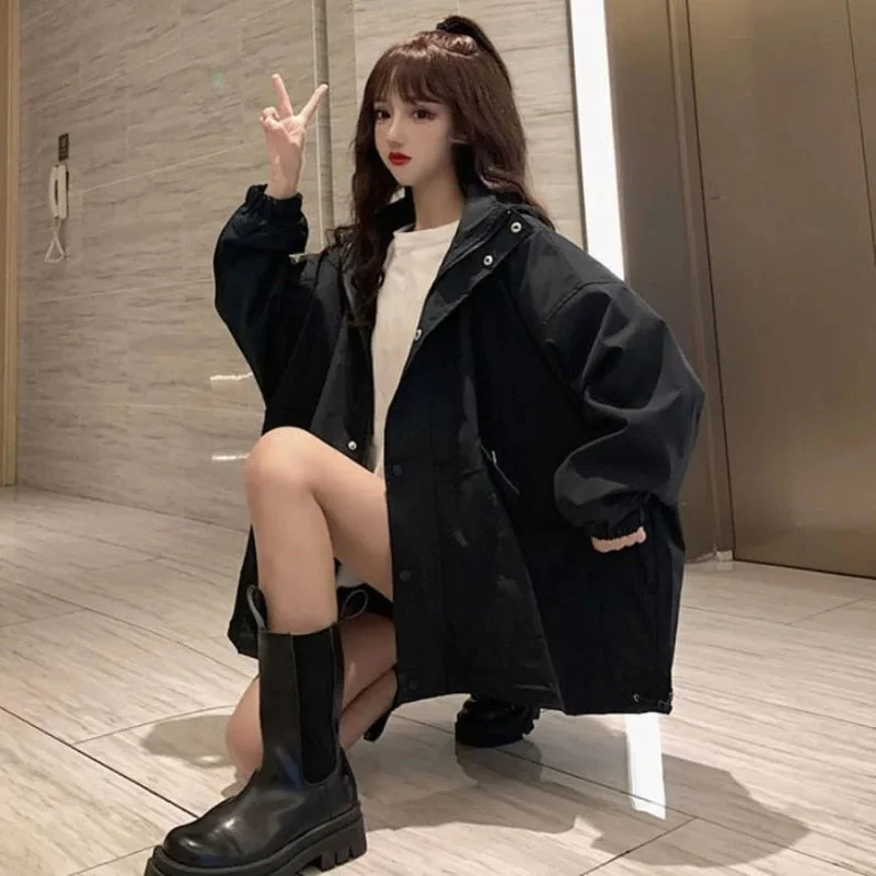 Huibahe Blazers Jacket Women Korean Fashion Oversized Streetwear Zipper Black Jacket Autumn Winter Gothic Loose Windbreakers