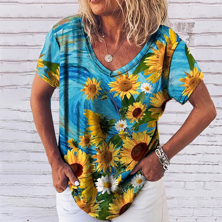 Casual V-Neck Sunflower Print Short Sleeve T-Shirt