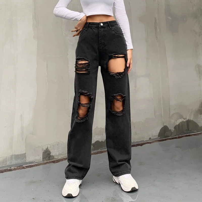 HEYounGIRL Hole Ripped Black Woman Distressed Jeans Casual Hip Hop High Waist Pants Capris Pocket Straight Denim Trousers Ladies