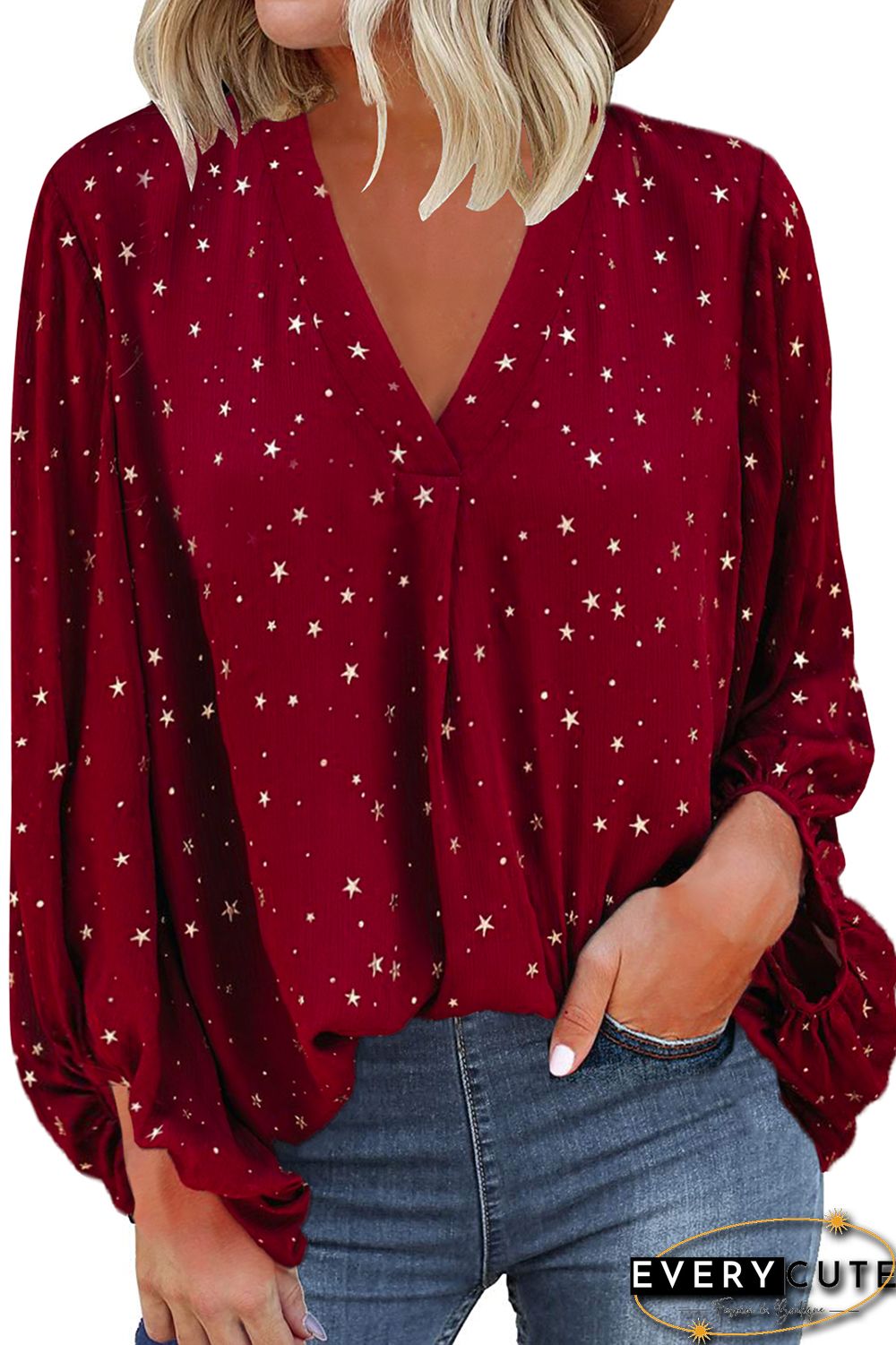 Red V Neck Star Print Billowy Sleeves Blouse