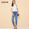 SHEIN White Lace Insert Flower Applique Keyhole Back Solid Top Blouse Women Office Lady Short Sleeve Summer Elegant Blouses