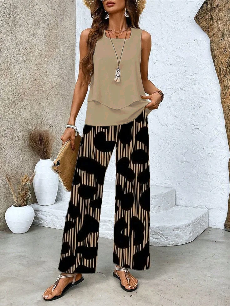 Women's Sleeveless Square Collar Graphic Printed Casual Set
