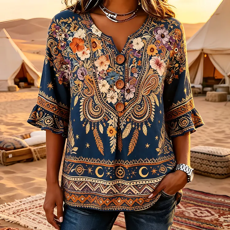 Women's Boho Floral And Paisley Print V-neck Blouse With Bell Sleeves