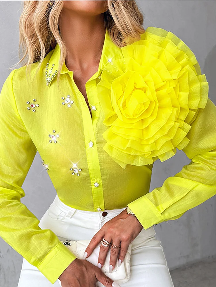 Fashion Rhinestone 3D Floral Turndown Collar Long Sleeve Button Blouse