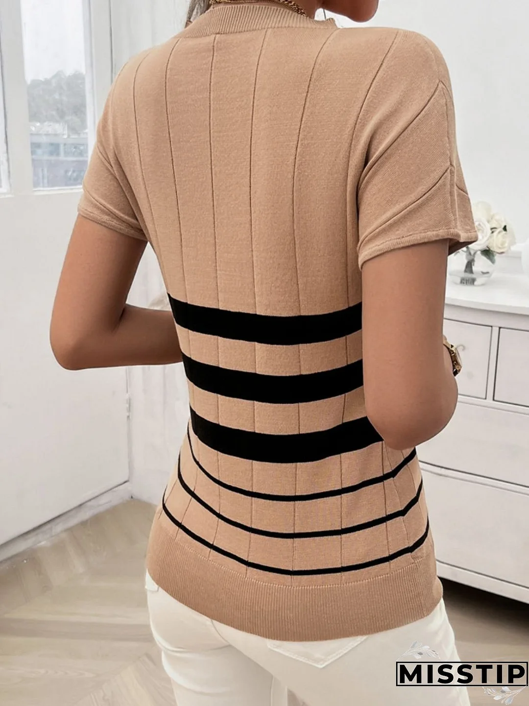 Striped Round Neck Short Sleeve Knit Top