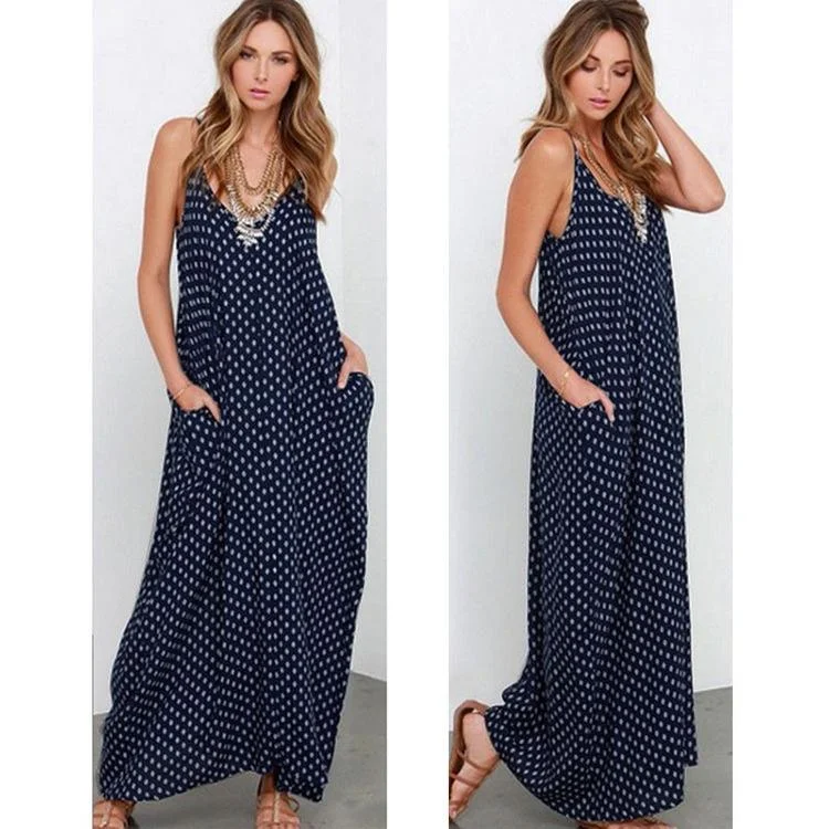 Women Summer  Deep V Sexy Large Swing Dress Loose Wave Multi-color Optional Strap Dress
