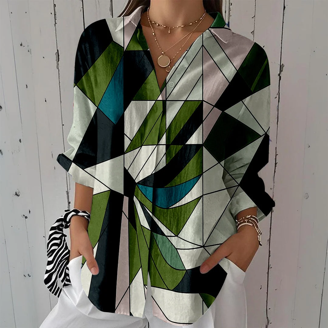 Style & Comfort for Mature Women Women Geometric, Green, Pink DZCL0184 3/4 Sleeve Shirt Collar Printed Button Tops