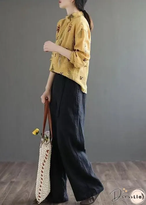 Women Yellow Wrinkled Embroideried Patchwork Linen Shirt Tops Spring