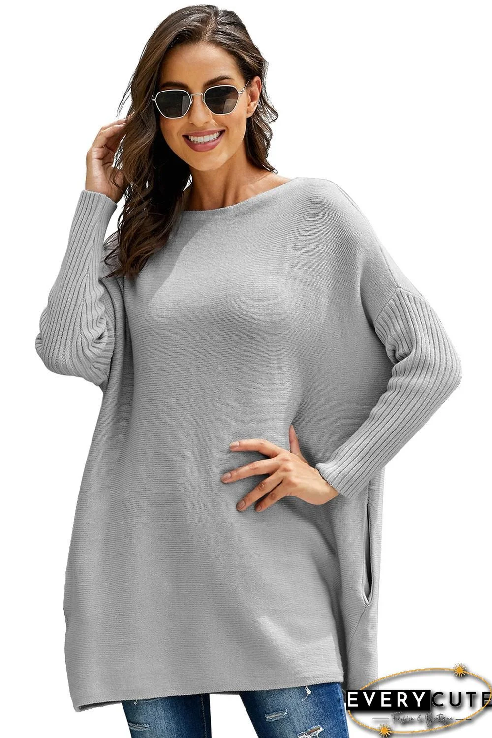 Gray Oversized Batwing Sleeve Sweater Dress