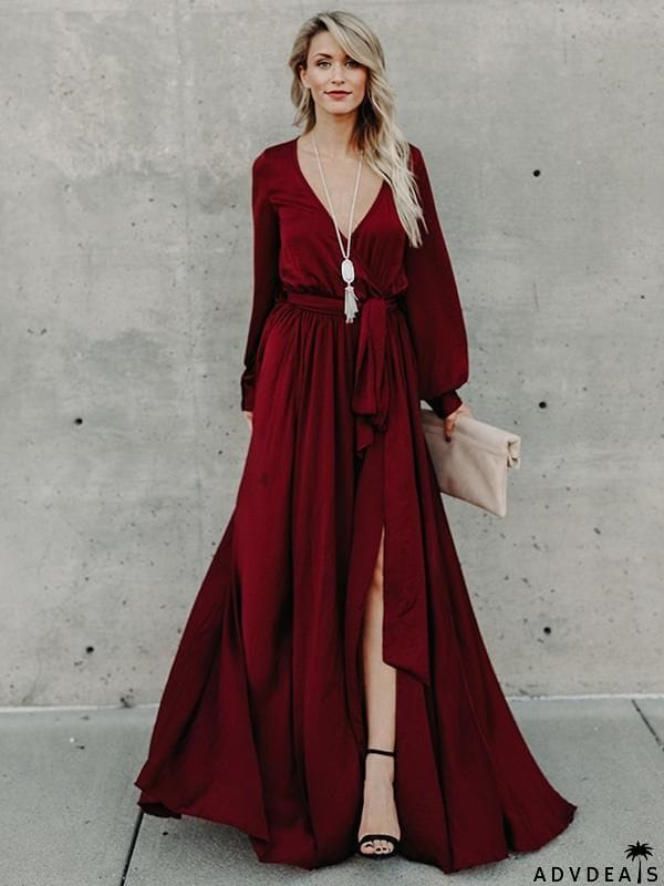 V-neck Long Sleeves Belted Maxi Dress