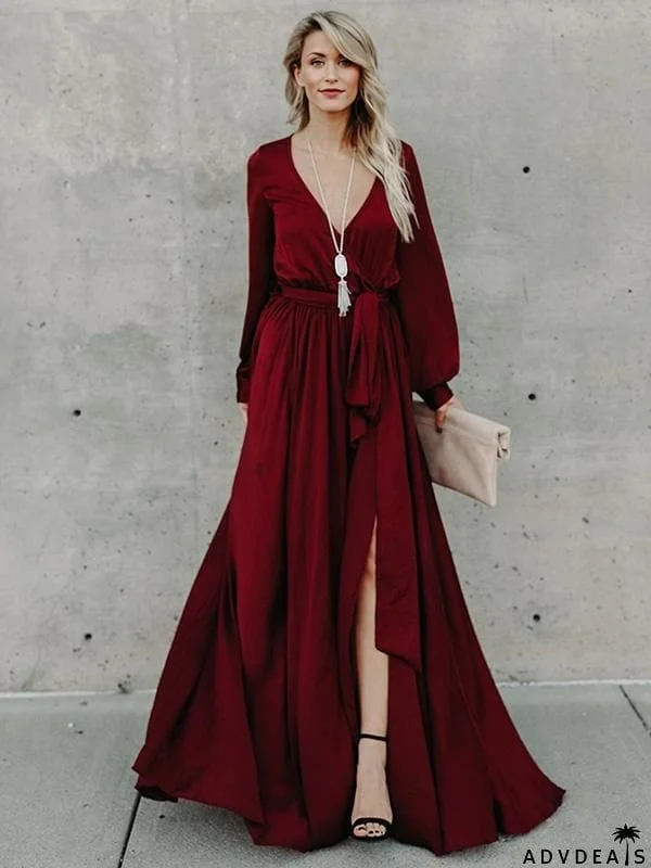 V-neck Long Sleeves Belted Maxi Dress