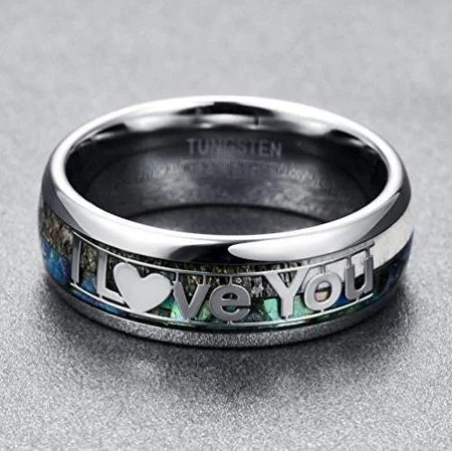 8MM Women's Or Men's Tungsten Carbide Wedding Rings "I Love You" Silver Multi Color Rainbow Abalone Shell and Wood Inlay Organic Colors