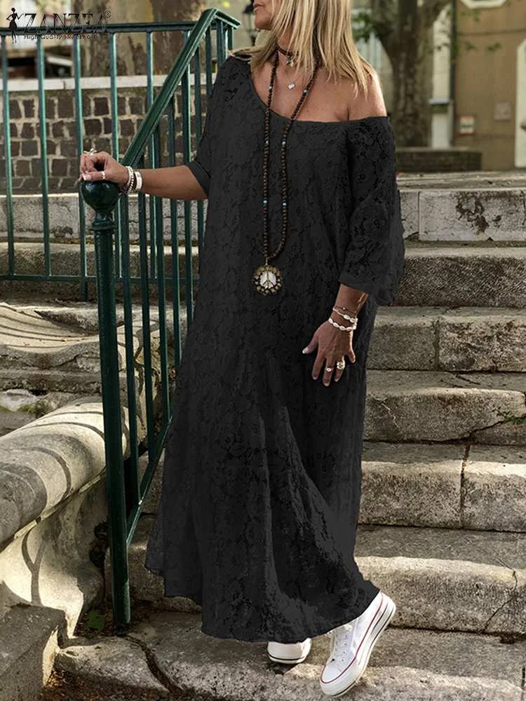 Women Lace Crochet Maxi Long Dress ZANZEA Summer 3/4 Sleeve Party Vestido Robe Femme Bohemian Sundress Casual Loose Autumn Dress