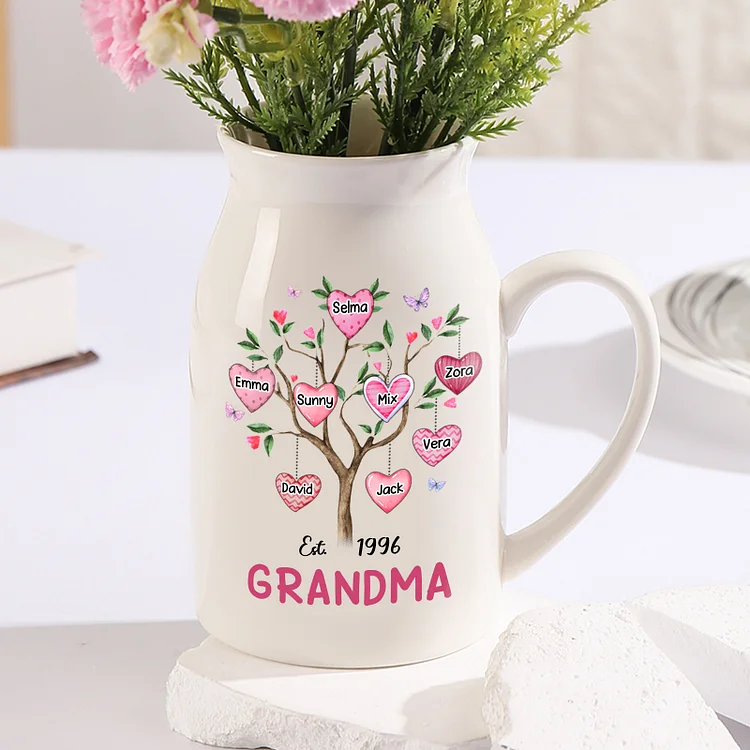 Pink Family Tree Vase Personalized Ceramic Flower Vase Custom 8 Names Gift Grandma