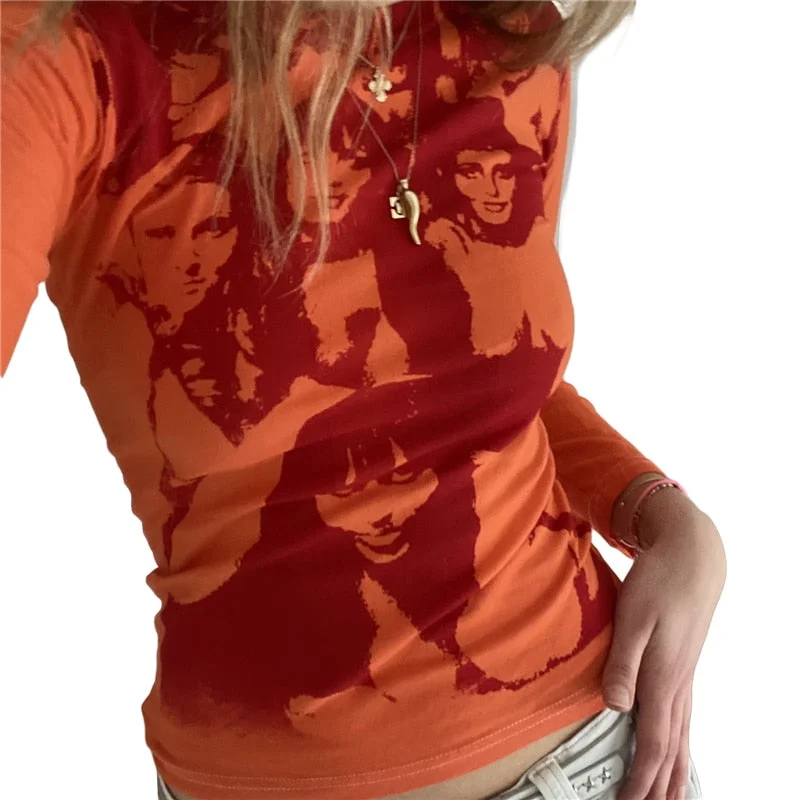 Xingqing Gothic Portrait Print T-shirt Aesthetic Short Sleevle Sweats Tees Harajuku Streetwear White Crop Top Women Clothes